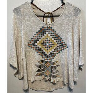 Papaya Boho Knit Sheer Aztec Top w/ Tie Back & Flowy Sleeves | Size S